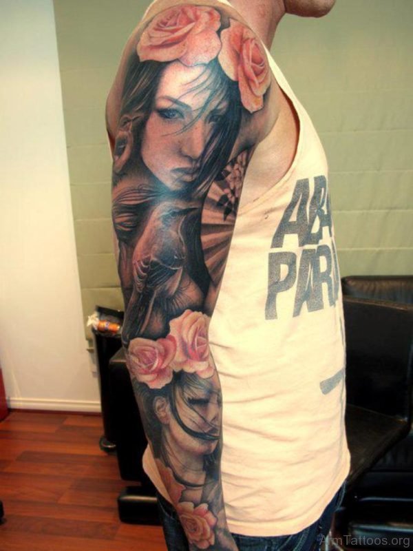 Girl Face Tattoo On Full Sleeve 