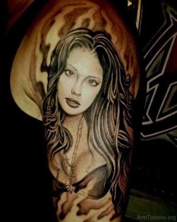 Girl Portrait Tattoo On Arm 