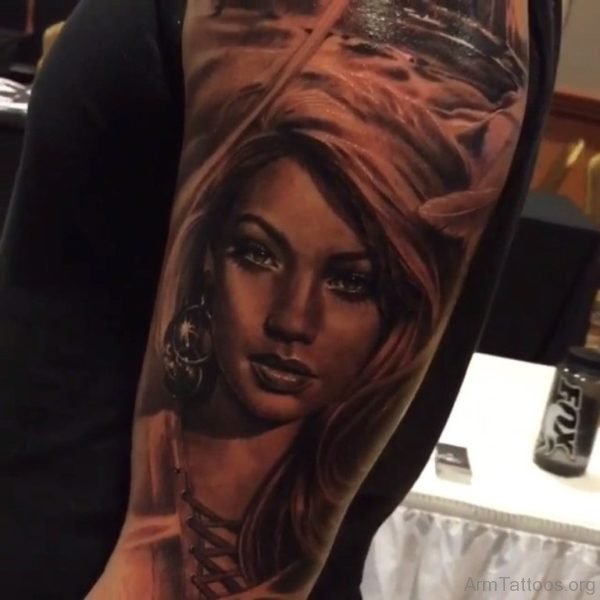 Girl Portrait Tattoo On Half Sleeve 