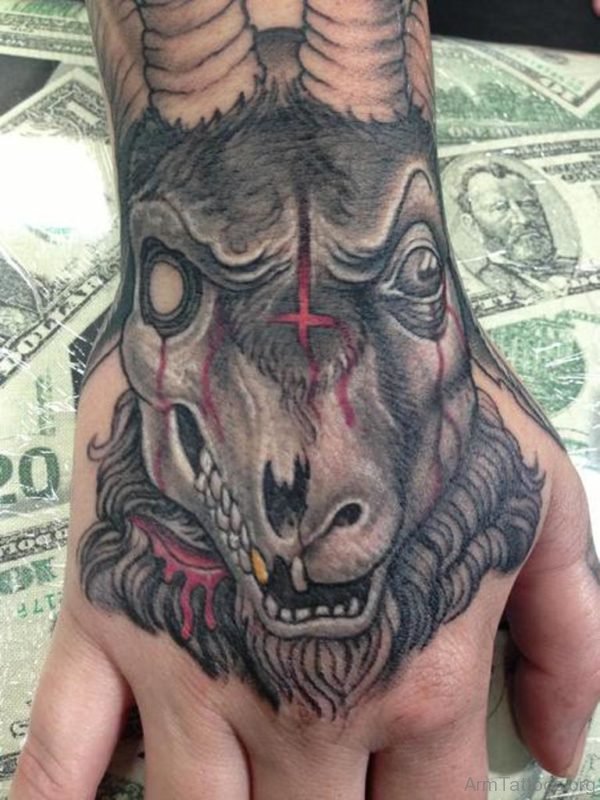Goat Skull Grey Ink Tattoo On Right Hand