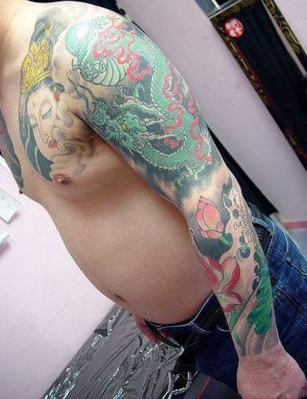 Green Dragon Tattoo On Full Sleeve