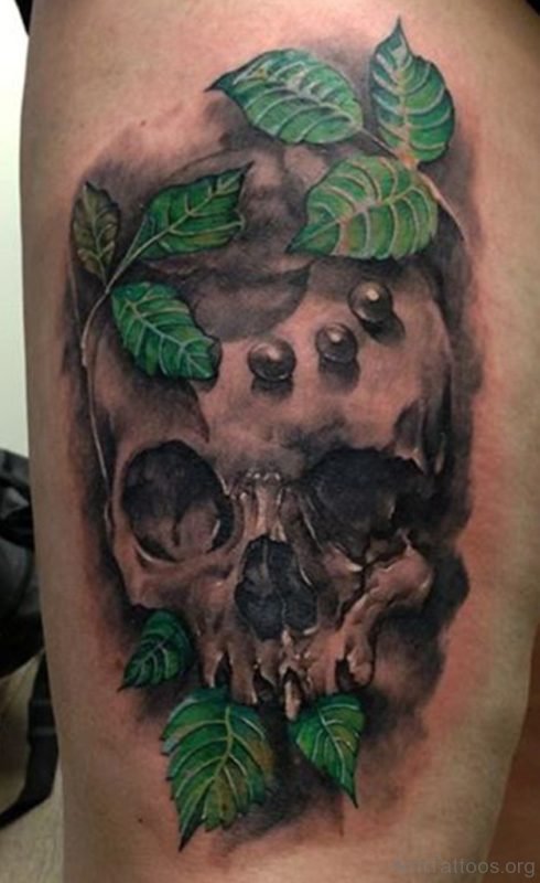 Green Leaf And Skull Tattoo