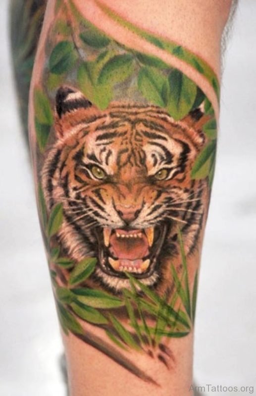 Green Leaf And Tiger Tattoo