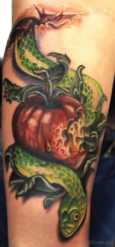 Green Snake And Apple Tattoo