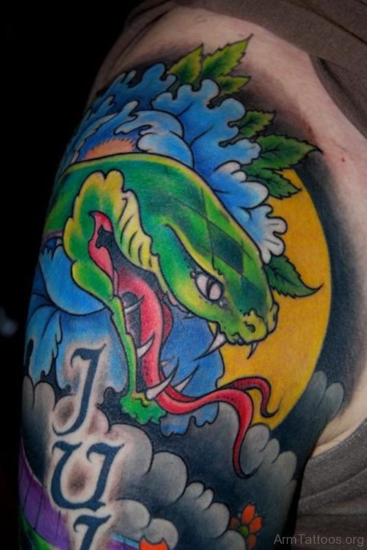Green Snake Tattoo On Shoulder