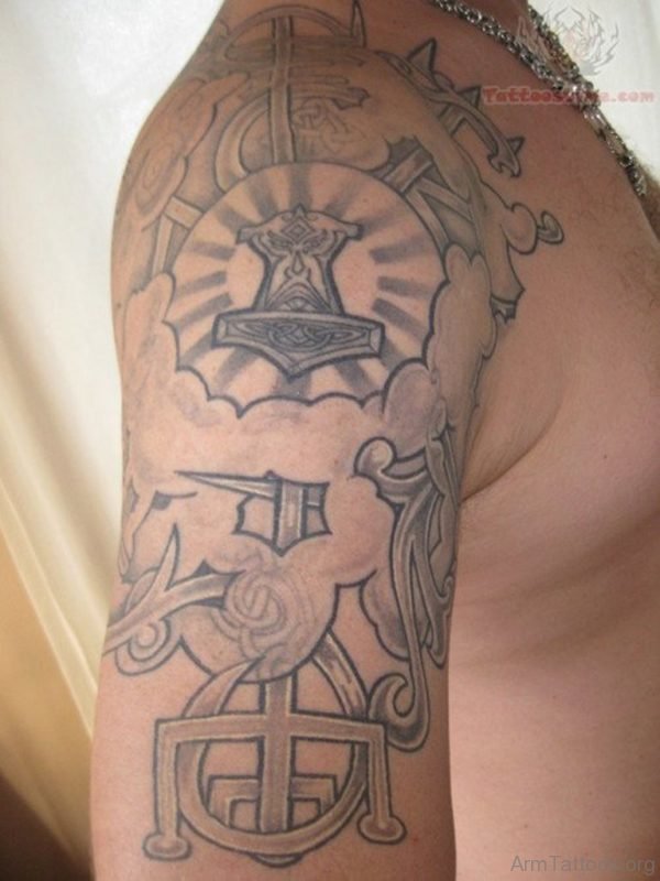 Grey Anchor Tattoo On Shoulder