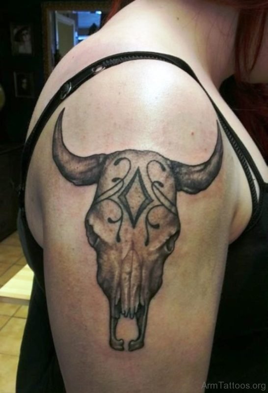 Grey Bull Skull Tattoo