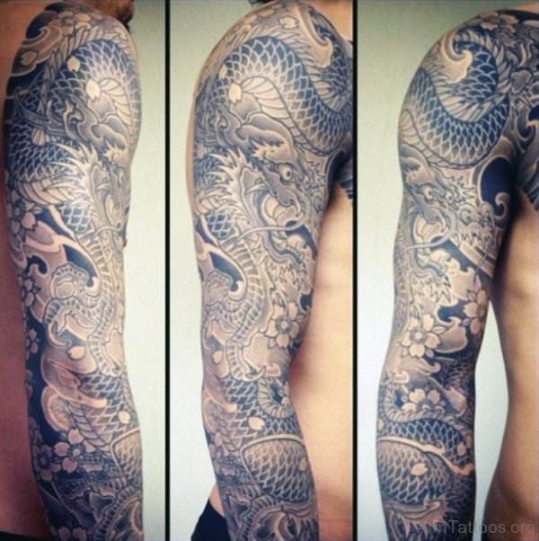 Grey Dragon Tattoo On Half Sleeve