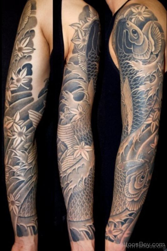 Grey Fish Tattoo On Full Sleeve