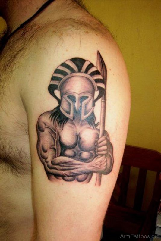 Grey Ink Ancient Greek Warrior Tattoo