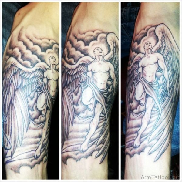 Grey Ink Angel Arm Tattoo