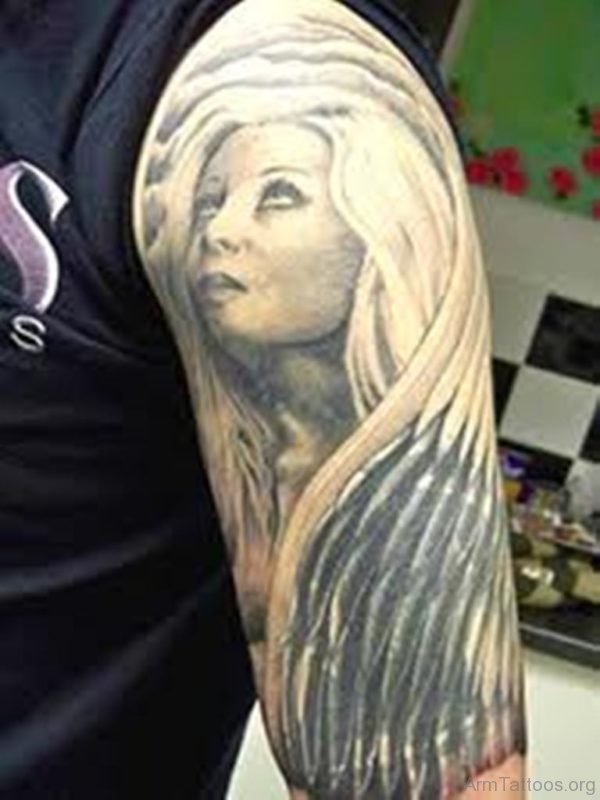 Grey Ink Angel Girl Portrait Tattoo 