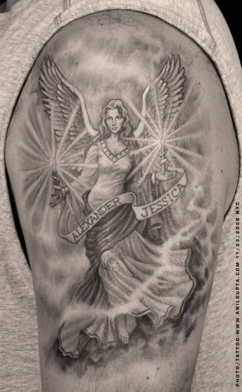 Grey Ink Angel Tattoo Design