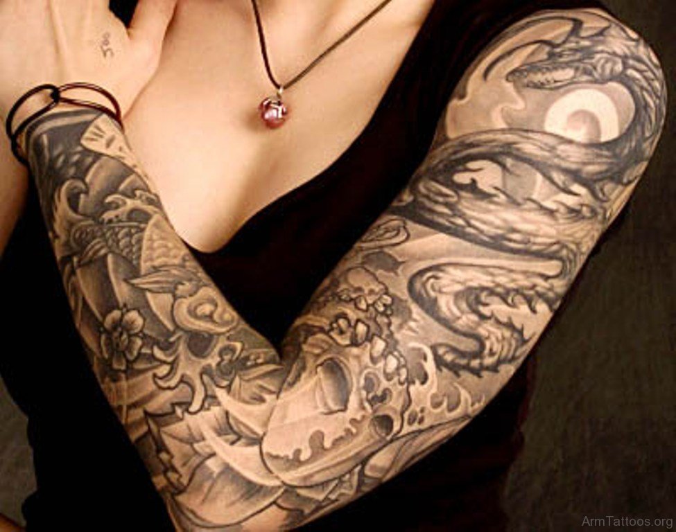 Grey Ink Dragon Tattoo On Full Sleeve.