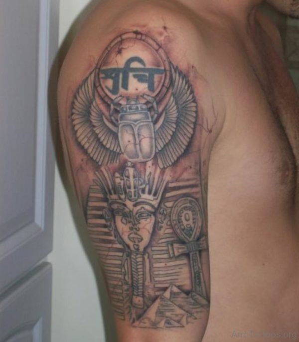 Grey Ink Egyptian Tattoo On Right Half Sleeve