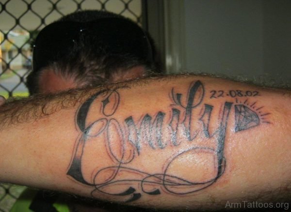 Grey Ink Emily Ambigram Tattoo On Left Arm