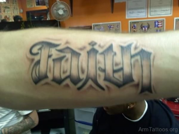 Grey Ink Faith Ambigram Tattoo on Arm