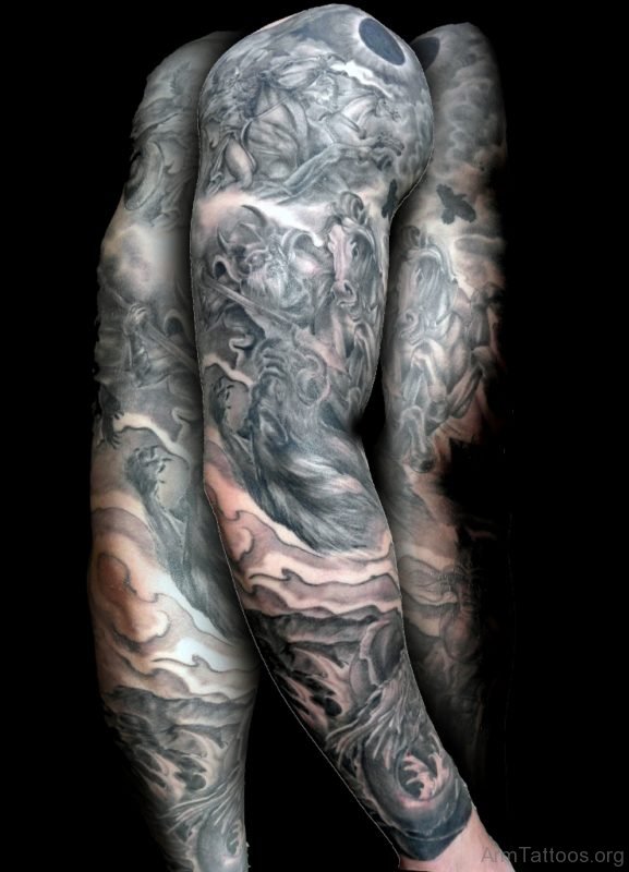 Grey Ink Full Sleeve Tattoo