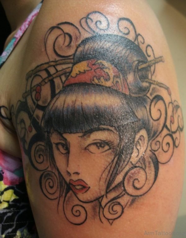 Grey Ink Geisha Head Tattoo On Left Arm 