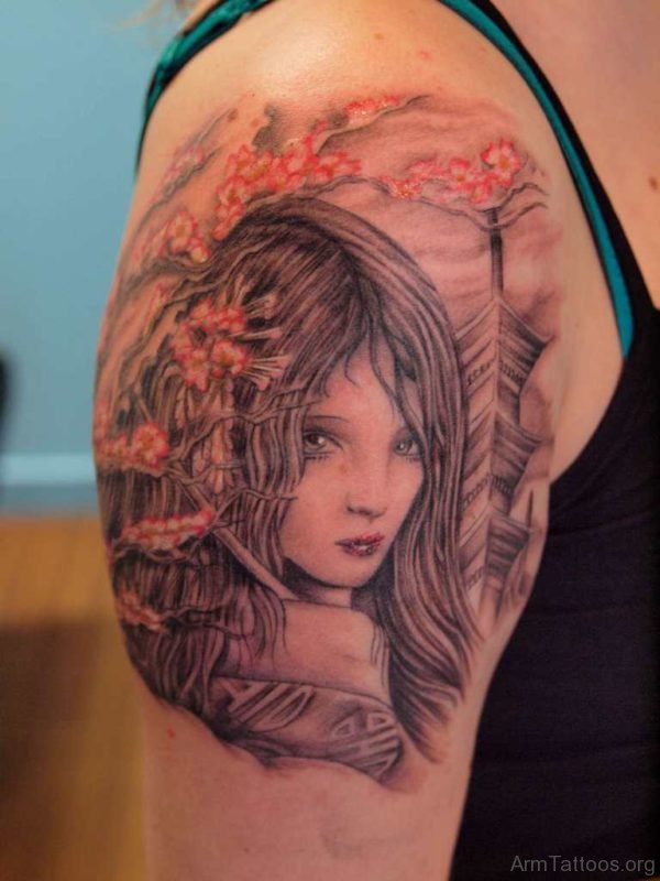 Grey Ink Geisha Tattoo On Right Arm 