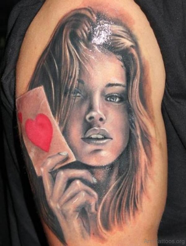 Grey Ink Girl Portrait Tattoo On Arm 