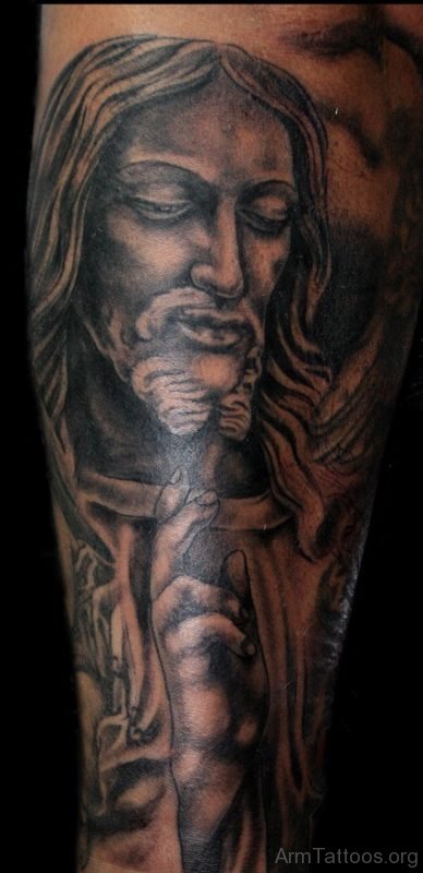 Grey Ink Jesus Tattoo On Arm Sleeve