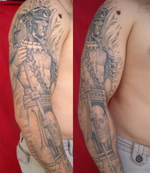 Grey Ink Mayan Warrior Sleeve Tattoo
