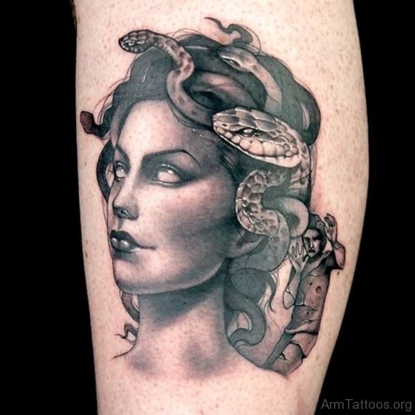 Grey Ink Medusa Girl Head Tattoo