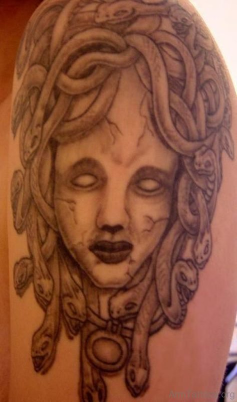 Grey Ink Medusa Tattoo For Shoulder