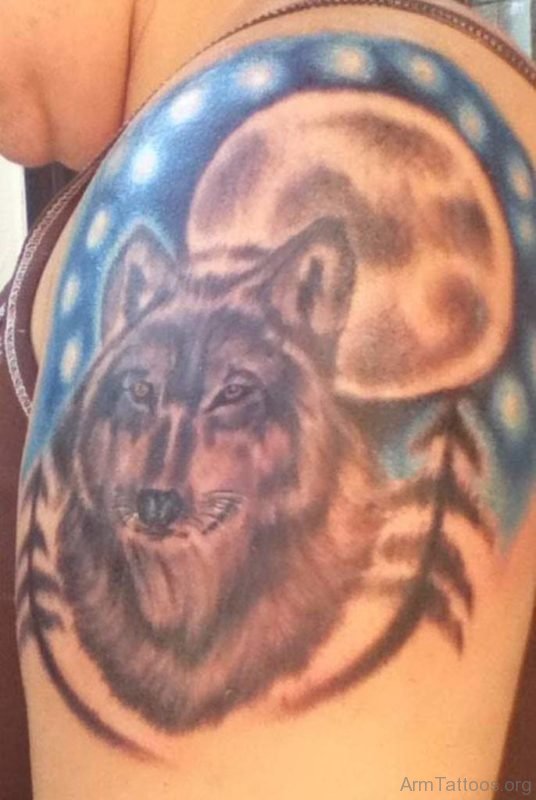 Grey Ink Moon and Wolf Tattoo On Man Left Shoulder