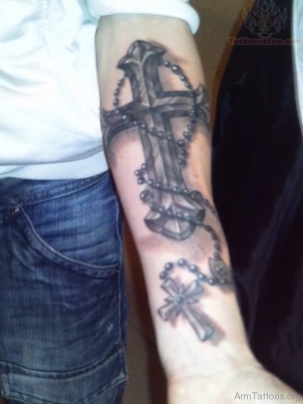 Grey Ink Rosary Tattoo On Arm