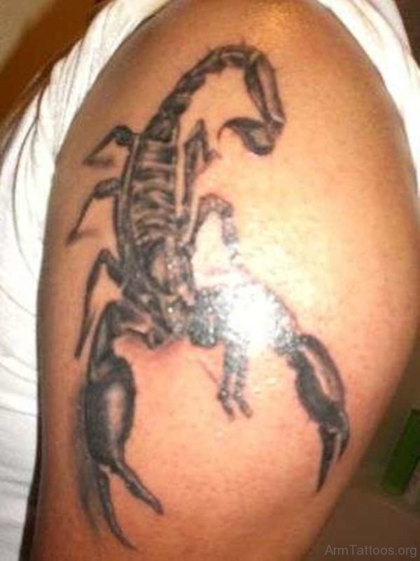 Grey Ink Scorpion Tattoo On Shoulder