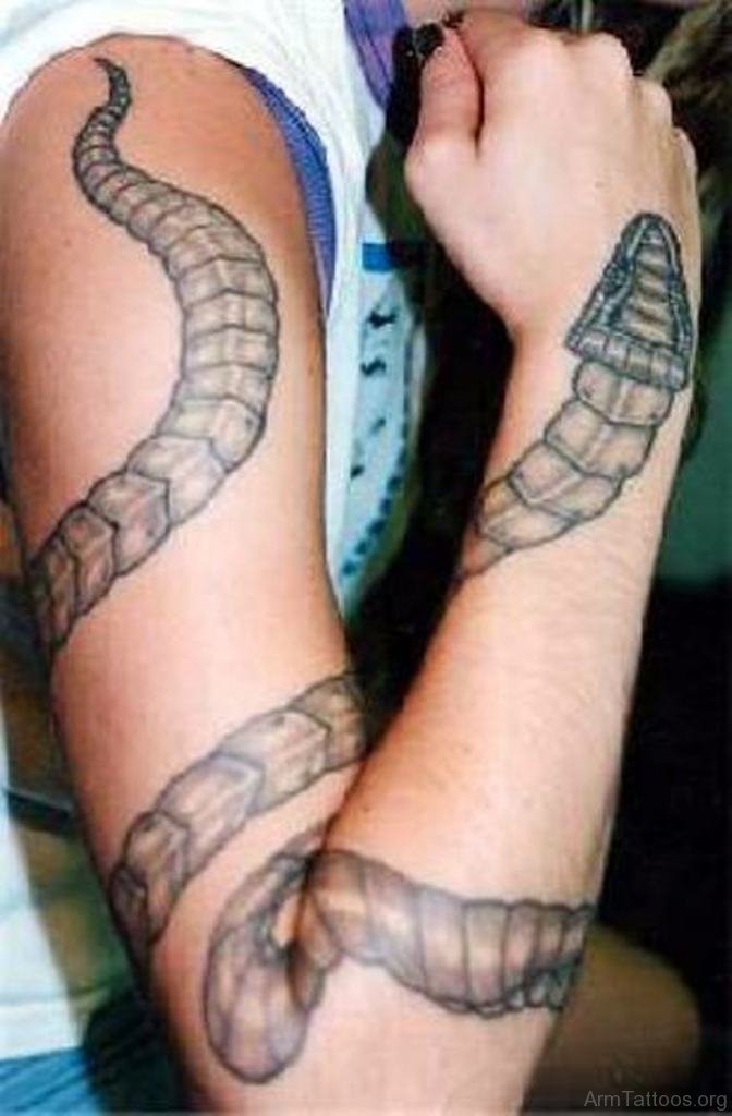 Grey Ink Snake Tattoo Around Arm.