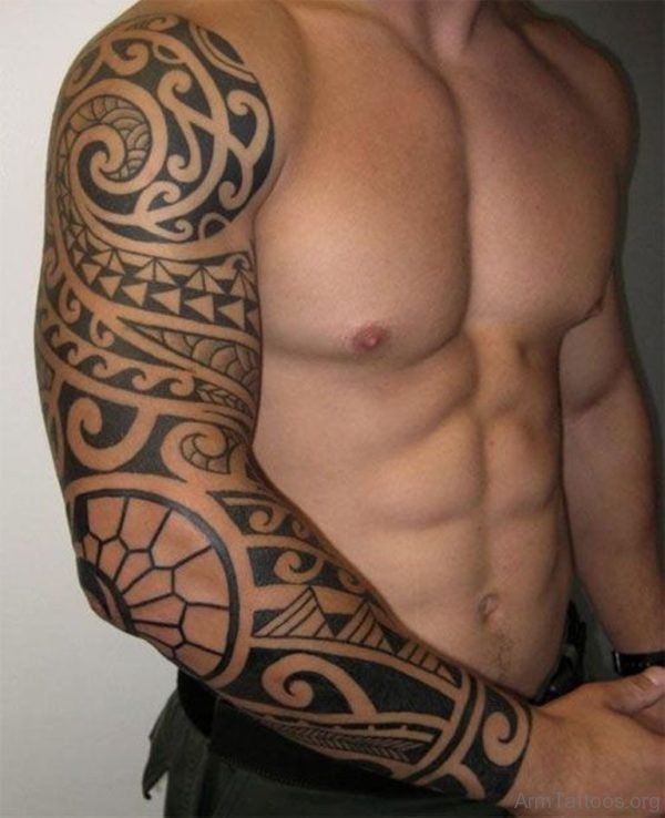 Grey Ink Tribal Tattoo Design On Arm 