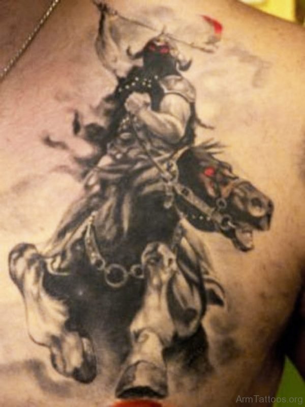 Grey Ink Warrior On Horse Tattoo