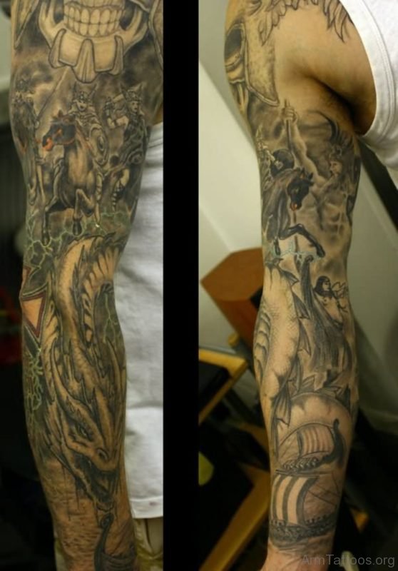 Grey Ink Warrior On Horse With Dragon Tattoo On Full Sleeve 