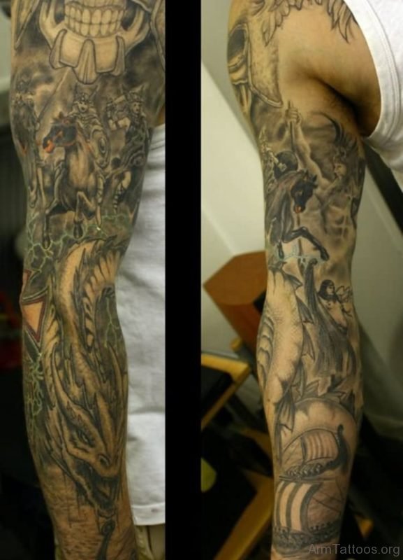 Grey Ink Warrior On Horse With Dragon Tattoo On Full Sleeve