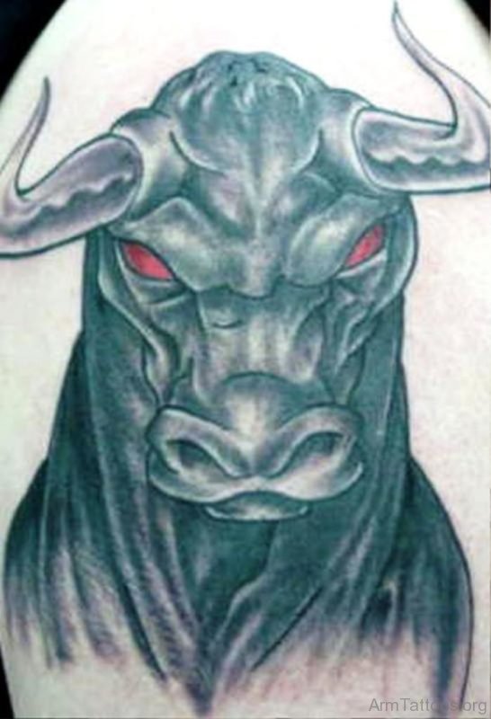 Grey Inked With Red Eyes Bull Tattoo