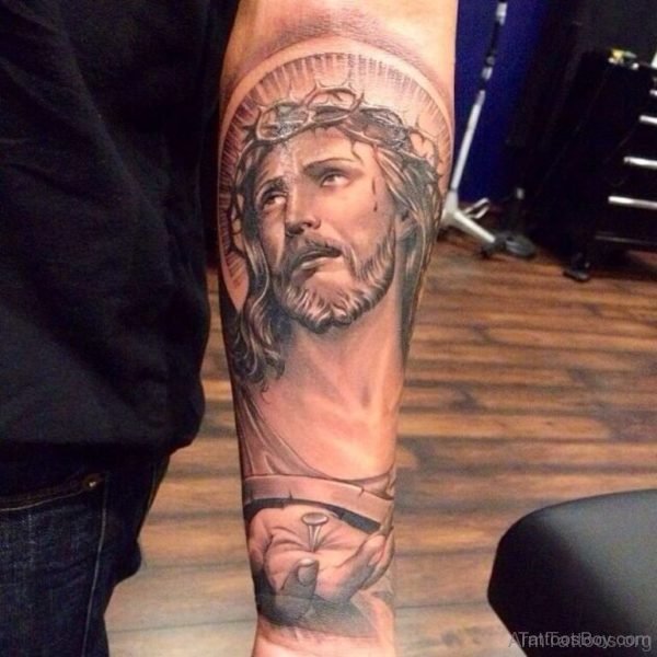 Grey Jesus Tattoo On Arm