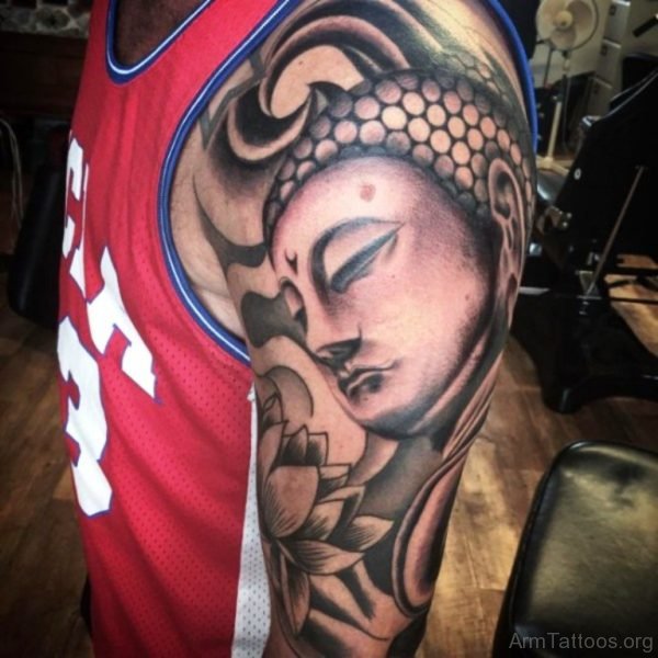 Grey Lotus Flower With Buddha Tattoo Design 