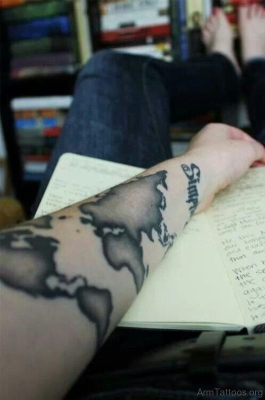 Grey Map Tattoo On Arm