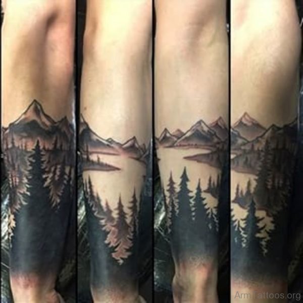 Grey Mountains And Forest Tree Tattoo