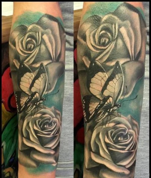 Grey Rose And Butterfly Tattoo