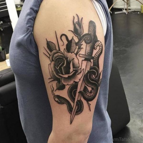 Grey Rose And Snake Tattoo