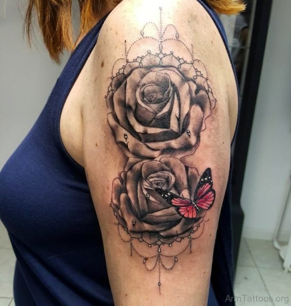 Grey Rose Flowers And Color Butterfly Tattoo