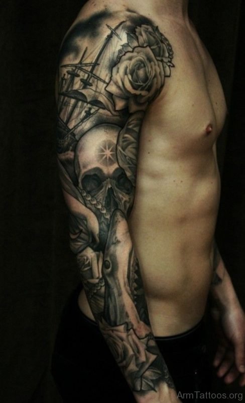Grey Rose Skull Tattoo On Full Sleeve 