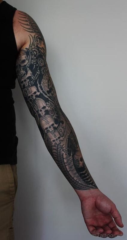 Grey Skull Tattoo Design On Full Sleeve 