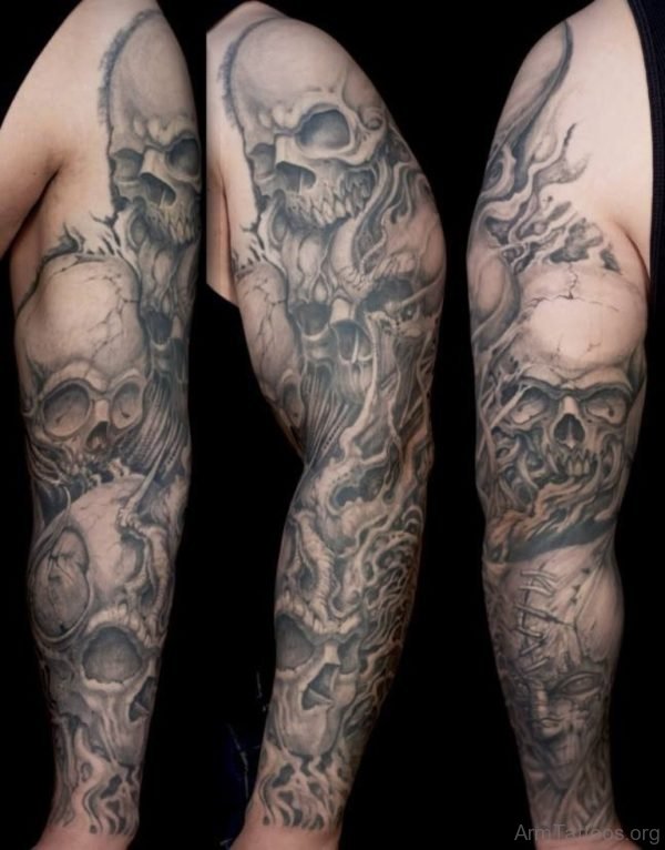 Grey Skull Tattoo On Full Sleeve 