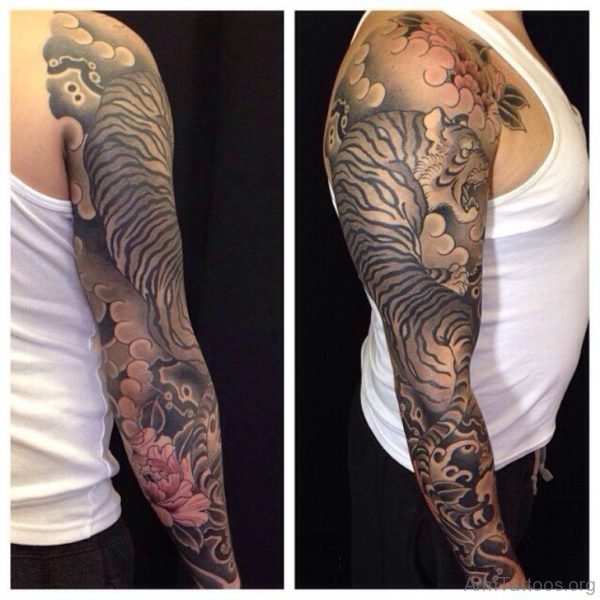 Grey Tiger Tattoo On Full Sleeve