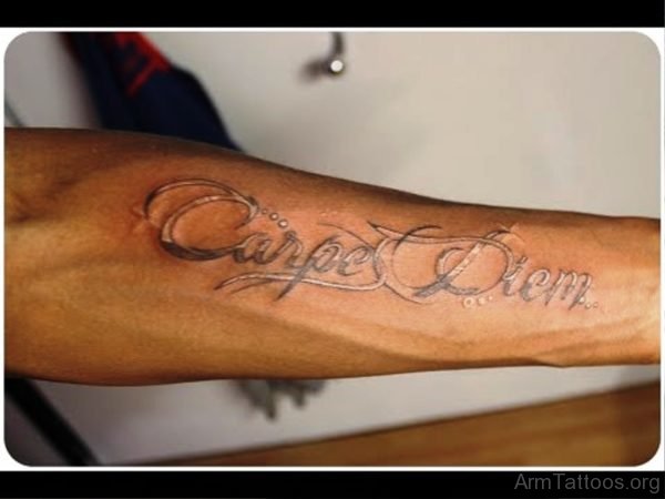 Grey White Color Carpe Diem Tattoo On Arm 